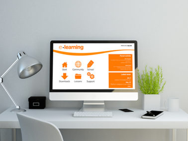 An Instructional Designer's modern clean workspace showing eLearning module.