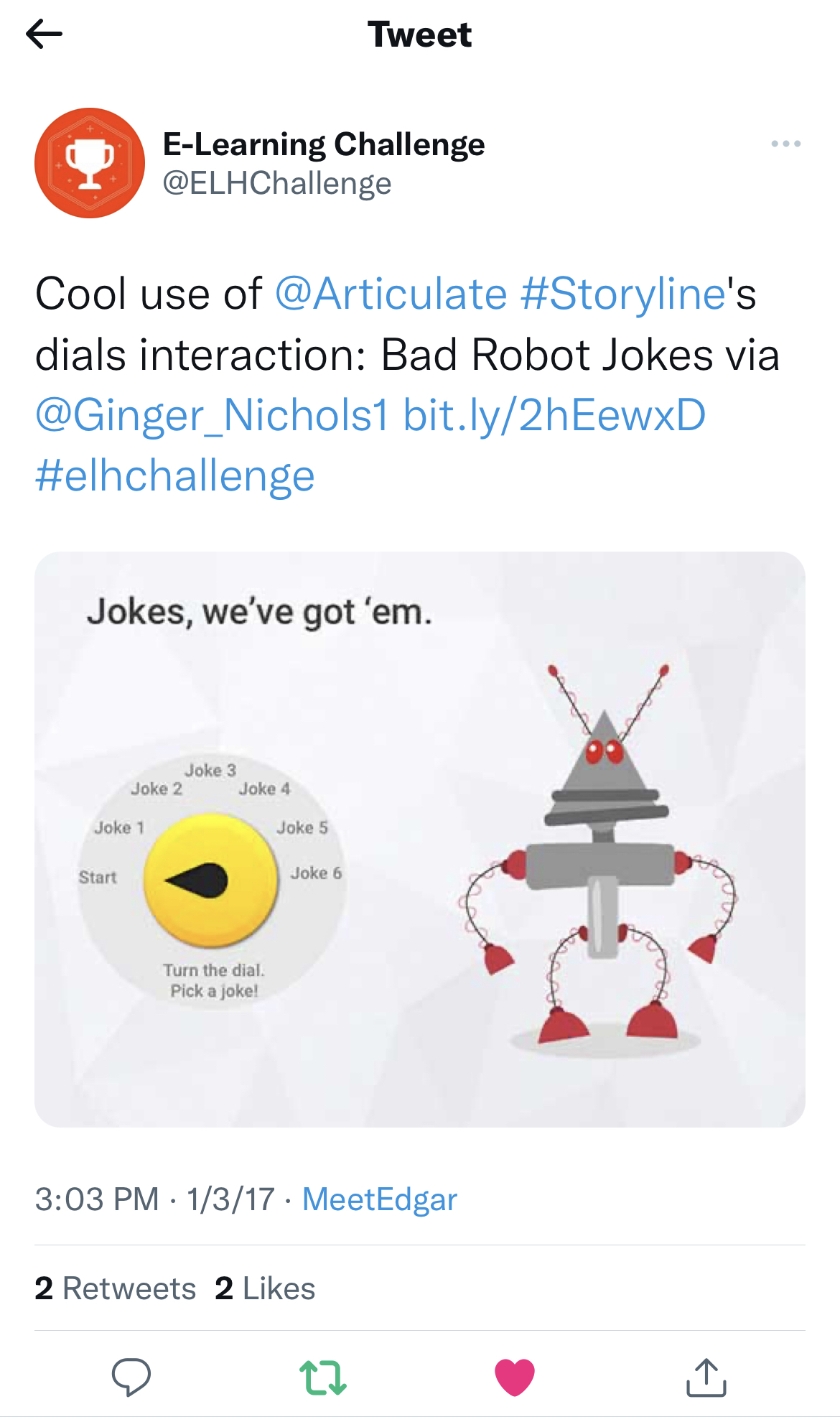 Bad Robot Jokes on the Articulate @ELHChallenge twitter account.